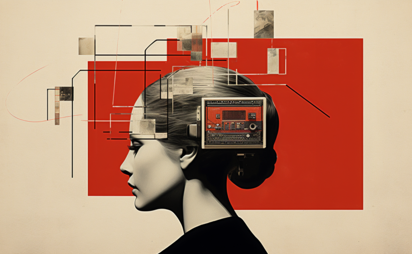 A Dadaist-syle collage of a woman against a red background with abstract mid-century tech
