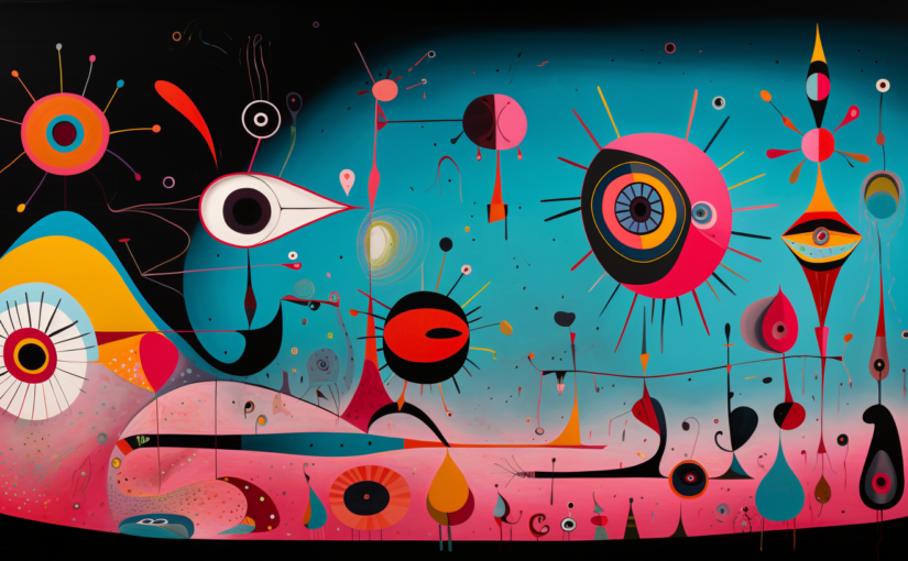 Surrealist image in the style of Joan Miró.