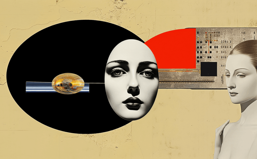 A surreal digital collage featuring two stylized female faces against a beige background. On the left, a central face is rendered in grayscale with large, expressive eyes and dark lips, emerging from an elliptical black shape. A metallic, planetary object intersects this face horizontally, suggesting motion or symbolic connection. To the right, a second female figure—more mannequin-like—gazes contemplatively forward, her hair neatly styled and her posture upright. Behind her, a circuit-board texture with a red semi-circle and black square evokes technology or digital consciousness. The composition blends elements of retro-futurism, minimalism, and psychedelia, suggesting themes of identity, artificial intelligence, and aesthetic duality.